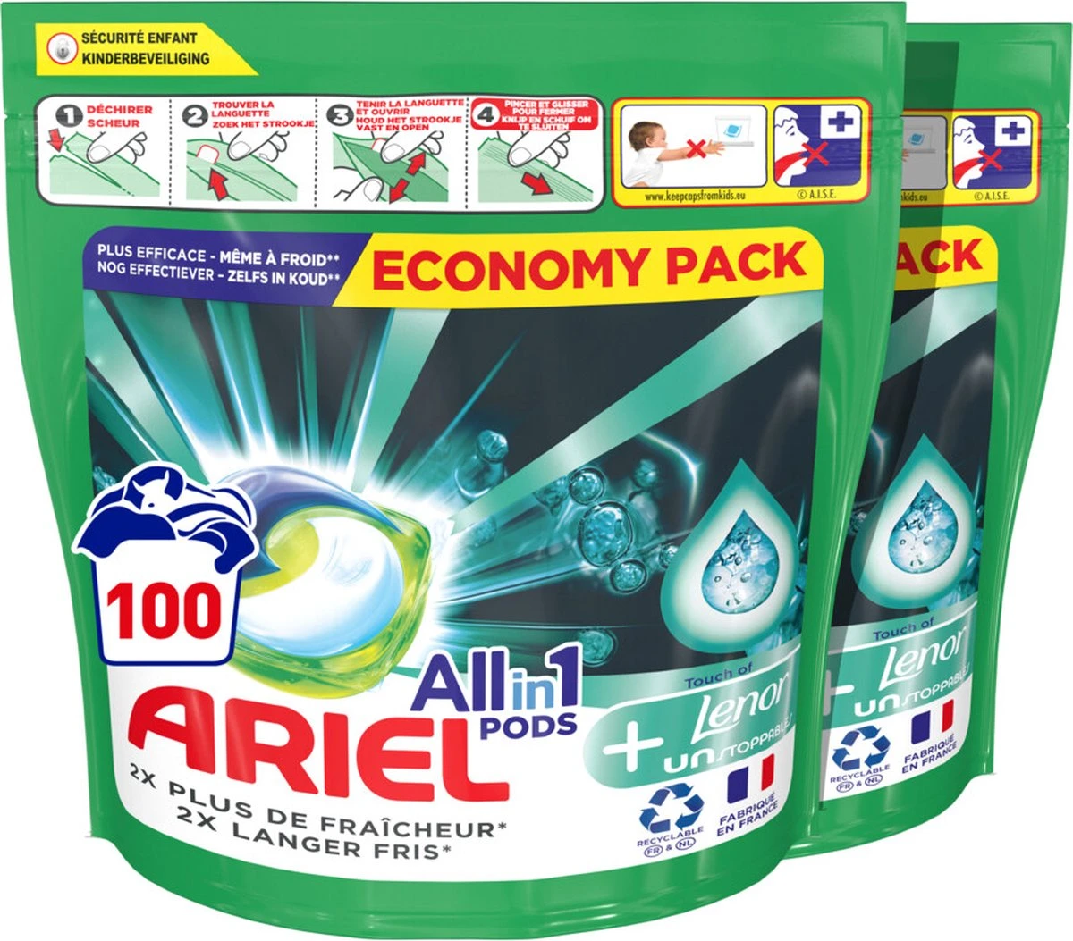 Ariel All In 1 Wasmiddel Pods + Touch Of Lenor Unstoppables - 2x50 Wasbeurten - Voordeelverpakking
