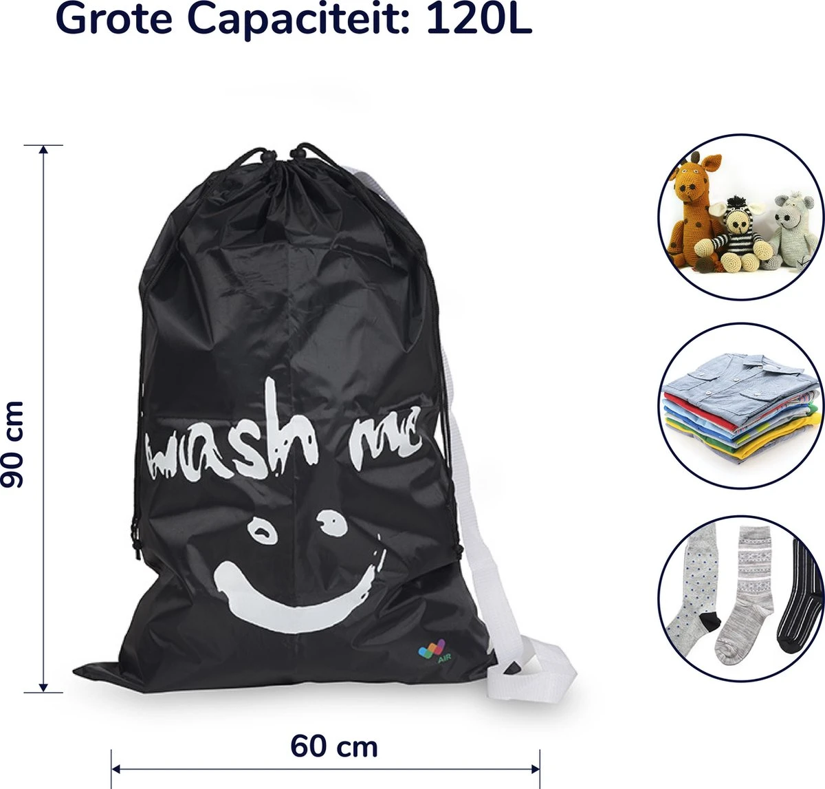 Wonair - Waszak Groot - 60x90cm - Zwart - Met Trekkoord En Draagband - Afbeelding 7