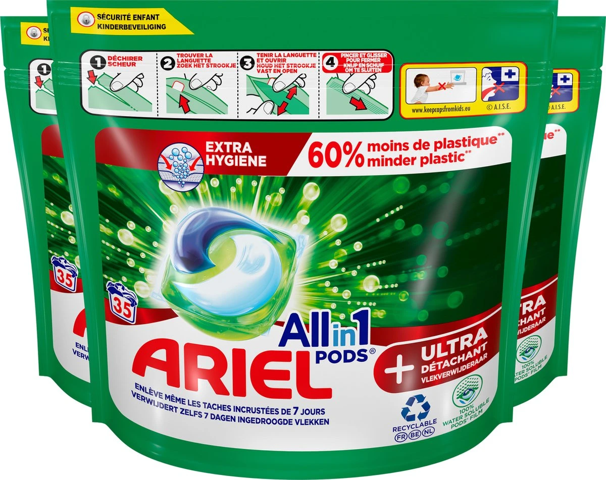 Ariel All In 1 Wasmiddel Pods+ Vlekverwijderaar - Wascapsules - Voordeelverpakking - 3 X 35 Wasbeurten