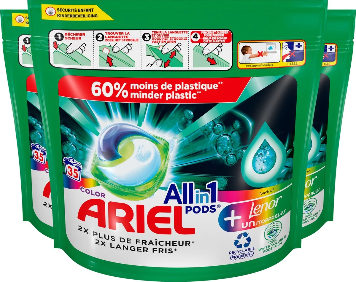 Ariel All In 1 Wasmiddel Pods + Touch Van Lenor Unstoppables - Wascapsules - Voordeelverpakking - 3 X 35 Wasbeurten