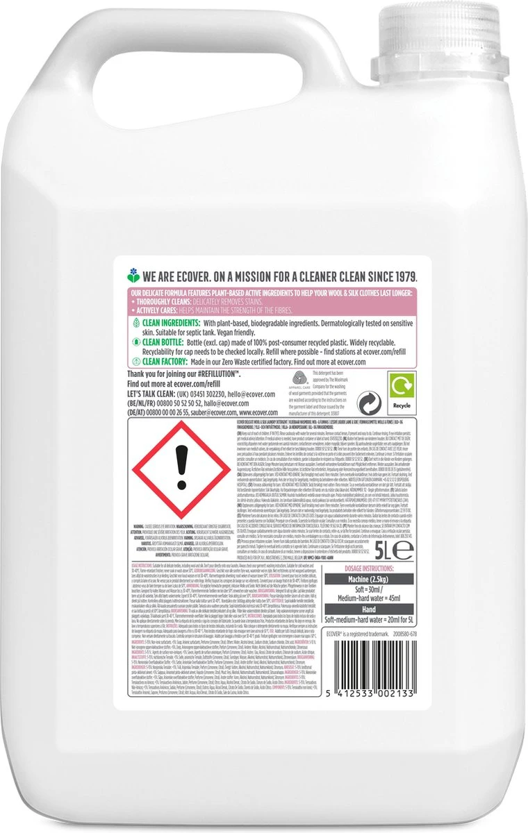 Ecover Wasmiddel - Wol En Zijde Waterlelie & Groene Meloen 110 Wasbeurten - 5L - Afbeelding 2